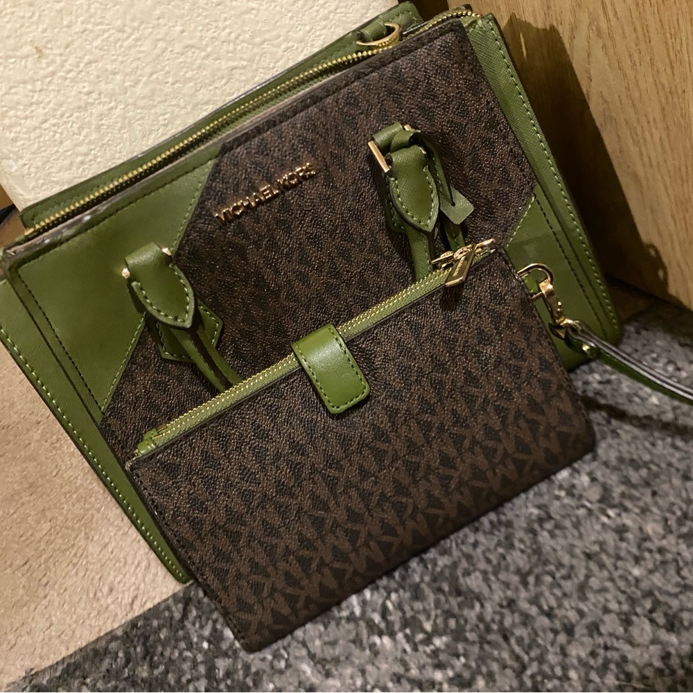 Michael Kors Olive Green and Dark Brown Crossbody Bag
